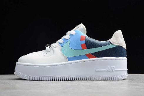 2019 Wmns Nike Air Force 1 Sage Low White Light Blue Navy Blue BV1976-002