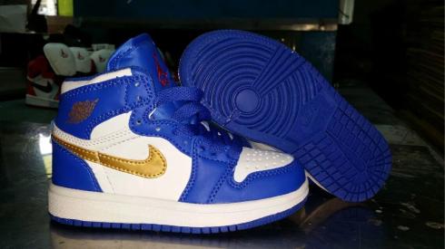 Nike Air Jordan I 1 Retro Kid Basketball Shoes Blue Gold Hot