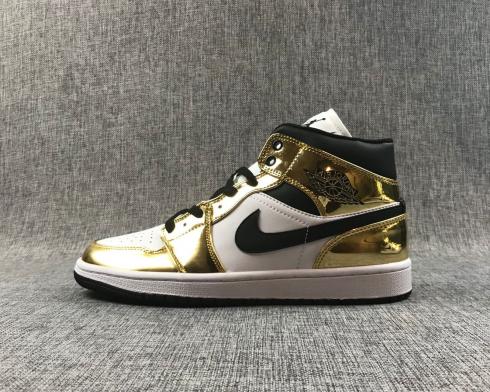 Air Jordan 1 Mid White Metallic Gold Black Basketball Shoes 554727-156
