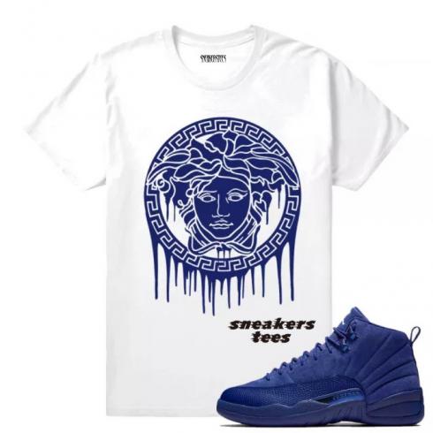Match Jordan 12 Blue Suede Medusa Drip White T-shirt