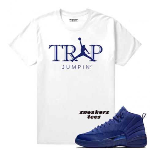 Match Jordan 12 Blue Suede Trap Jumpin White T-shirt