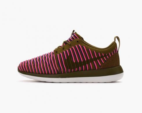 Nike Roshe Two Flyknit Olive Flak Pink Blast Womens Shoes 844929-300
